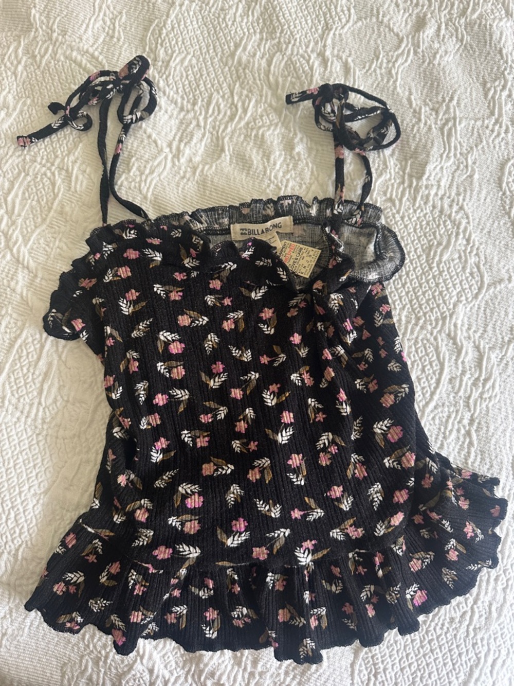 Billabong Black and Cream Floral Smocked Camisole